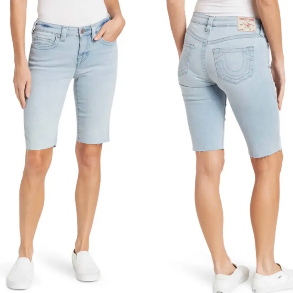 True Religion Women’s Riley Knee Length Light Wash Raw Hem Jean Shorts Size 30 - Picture 2 of 11